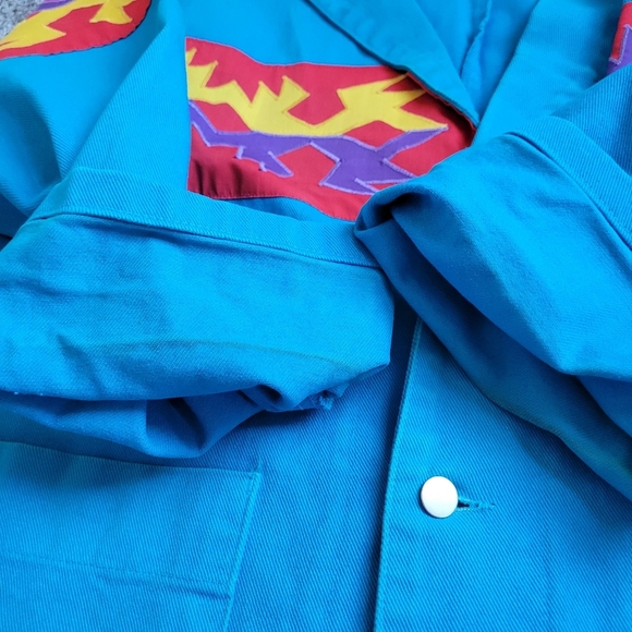 Vintage Buffalo Sun Blue Red Western Aztec Long Trench Denim Coat Jacket Large - Picture 7 of 7
